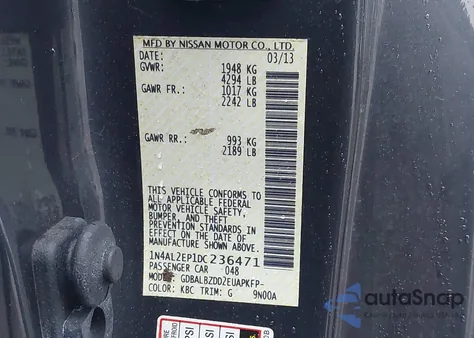 2013 Nissan Altima 2.5 S from USA, damaged, VIN 1N4AL2EP1DC236471